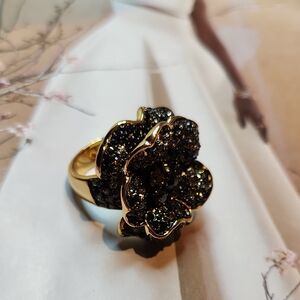 Vintage Black Rhinestone flower cocktail ring